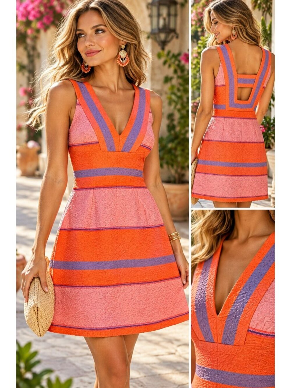 HD in Paris Anthropologie Colorblock Textured Dress Orange Pink Purple Size 2